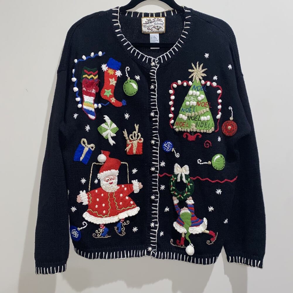 NOT FOR SALE VTG Xmas Sweater Knit Embroidered Cardigan L Santa Elves
